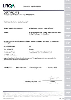 flybear ad2000 w0 fastener certificate